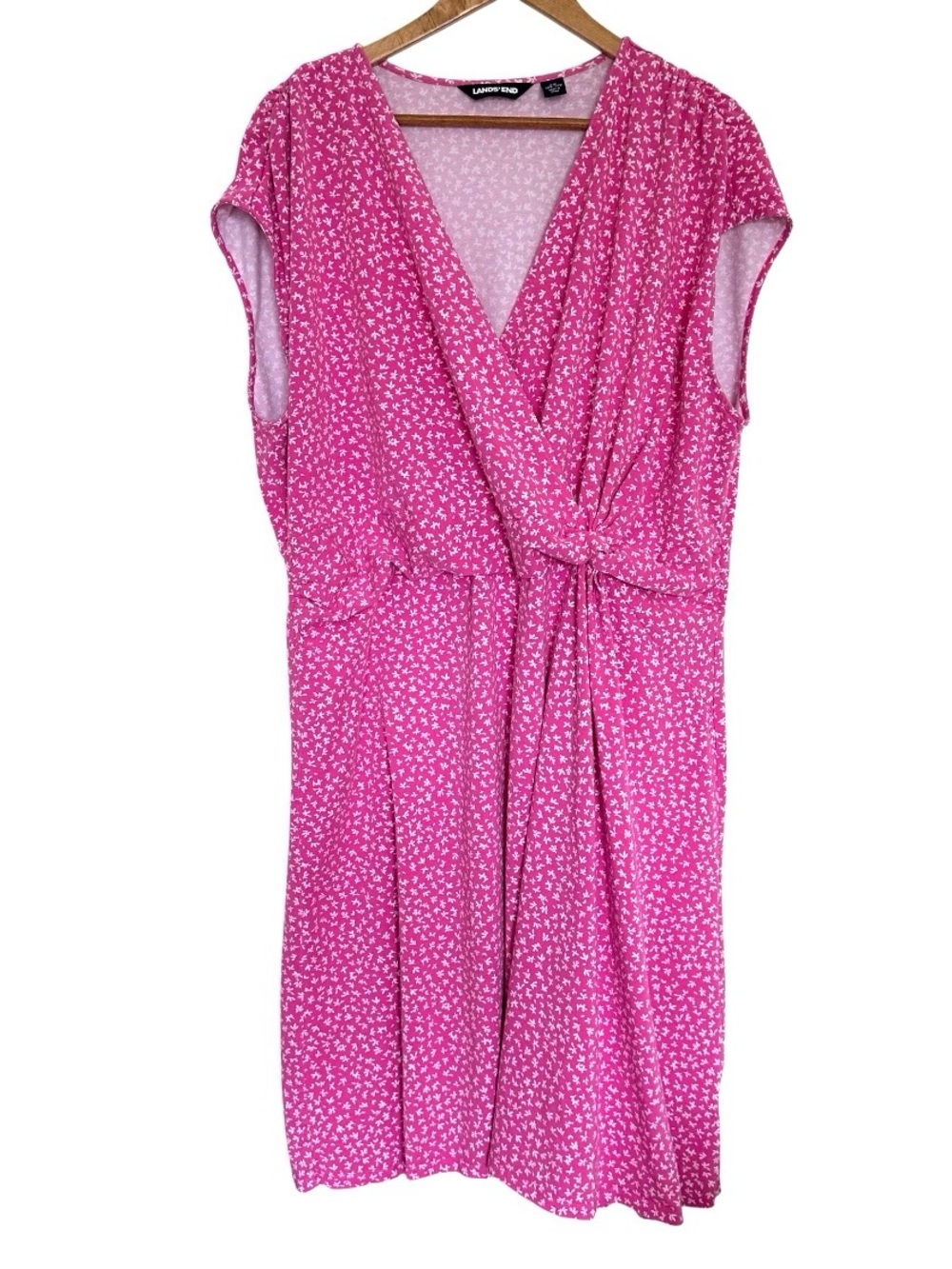 Lands’ End Plus Dress Women’s 2X Pink White Pullover V Neck Knee Length